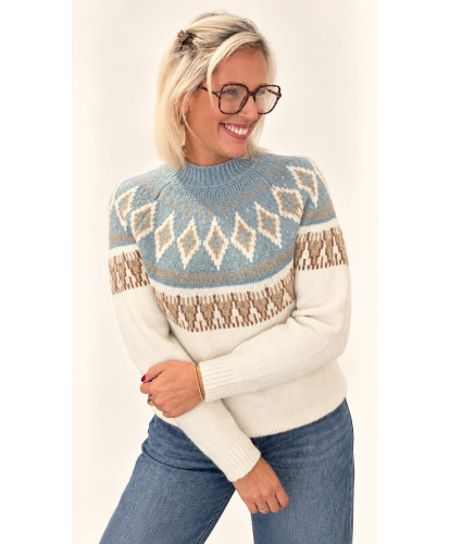 Pull Maille Jacquard Bleu...